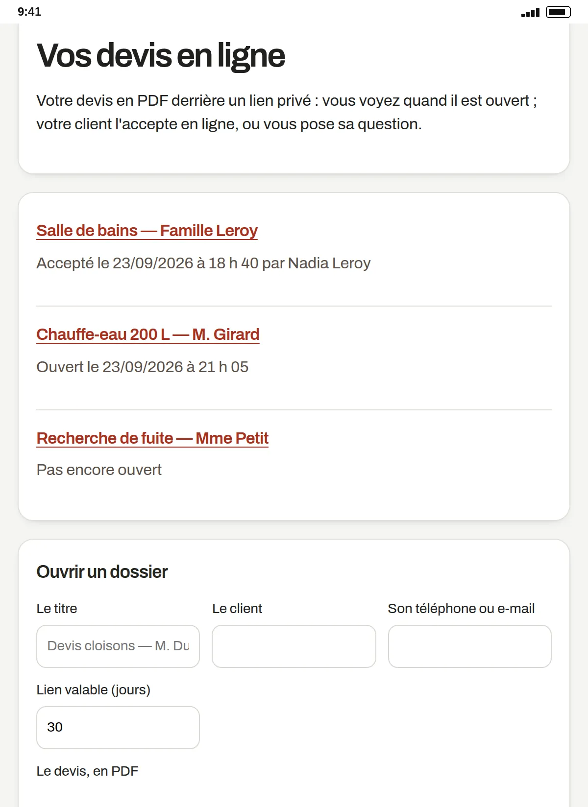 L’espace pro de Martin Plomberie, artisan fictif : ses devis en ligne, acceptés ou ouverts par ses clients