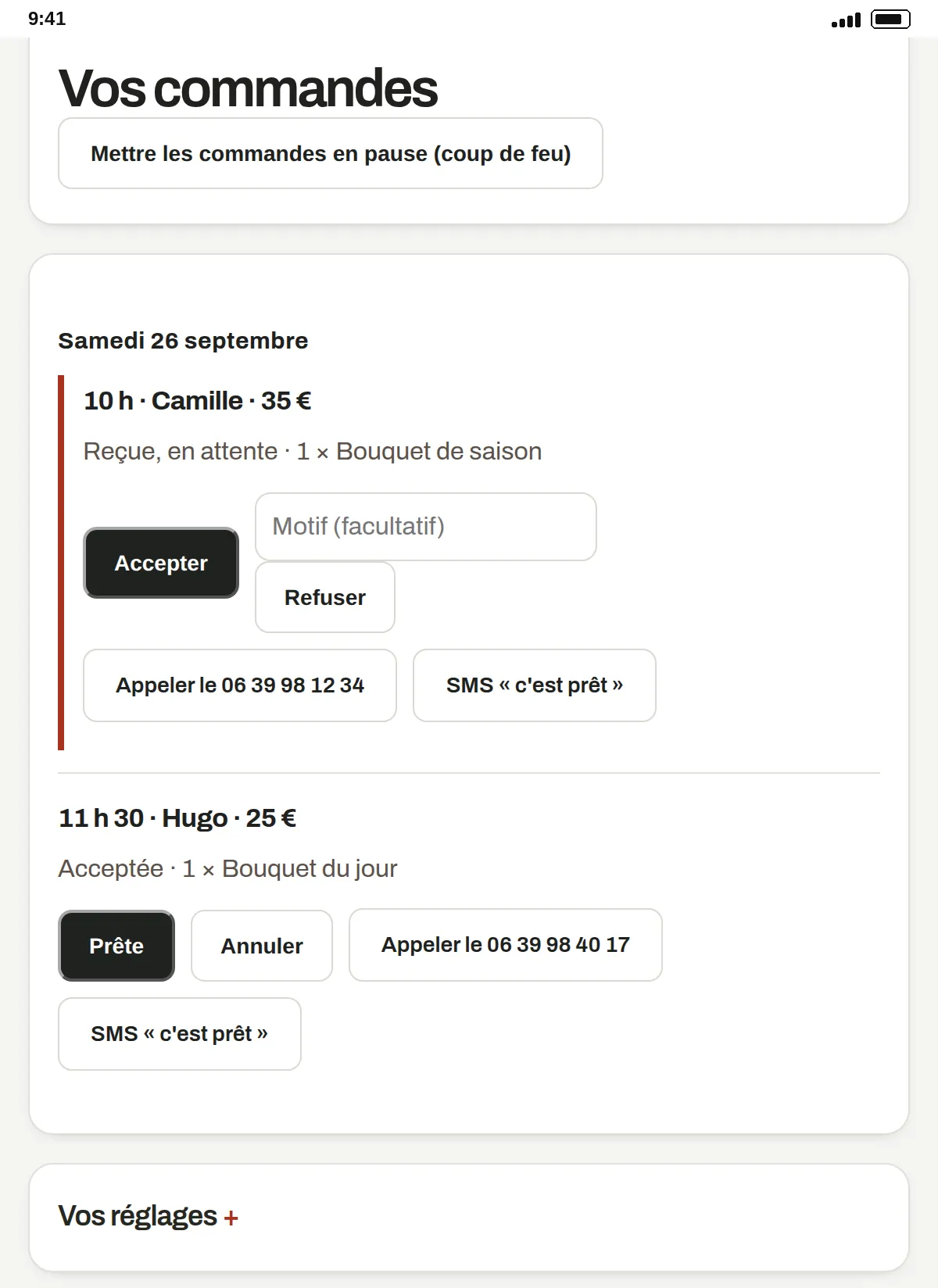 Dans l’espace de Fleurs de Léa, « Vos commandes » : celle de Camille, à retirer samedi à 10 h, 35 €, en attente, avec « Accepter », « Refuser » et « Appeler ». Commerce fictif.