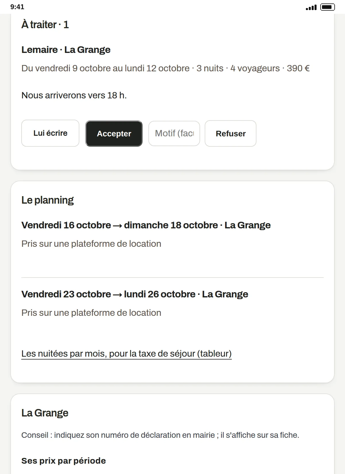 Dans l’espace du Gîte des Tilleuls : la demande de séjour de Lemaire, à accepter ou refuser, puis le planning, avec des nuits prises sur une plateforme de location. Commerce fictif.