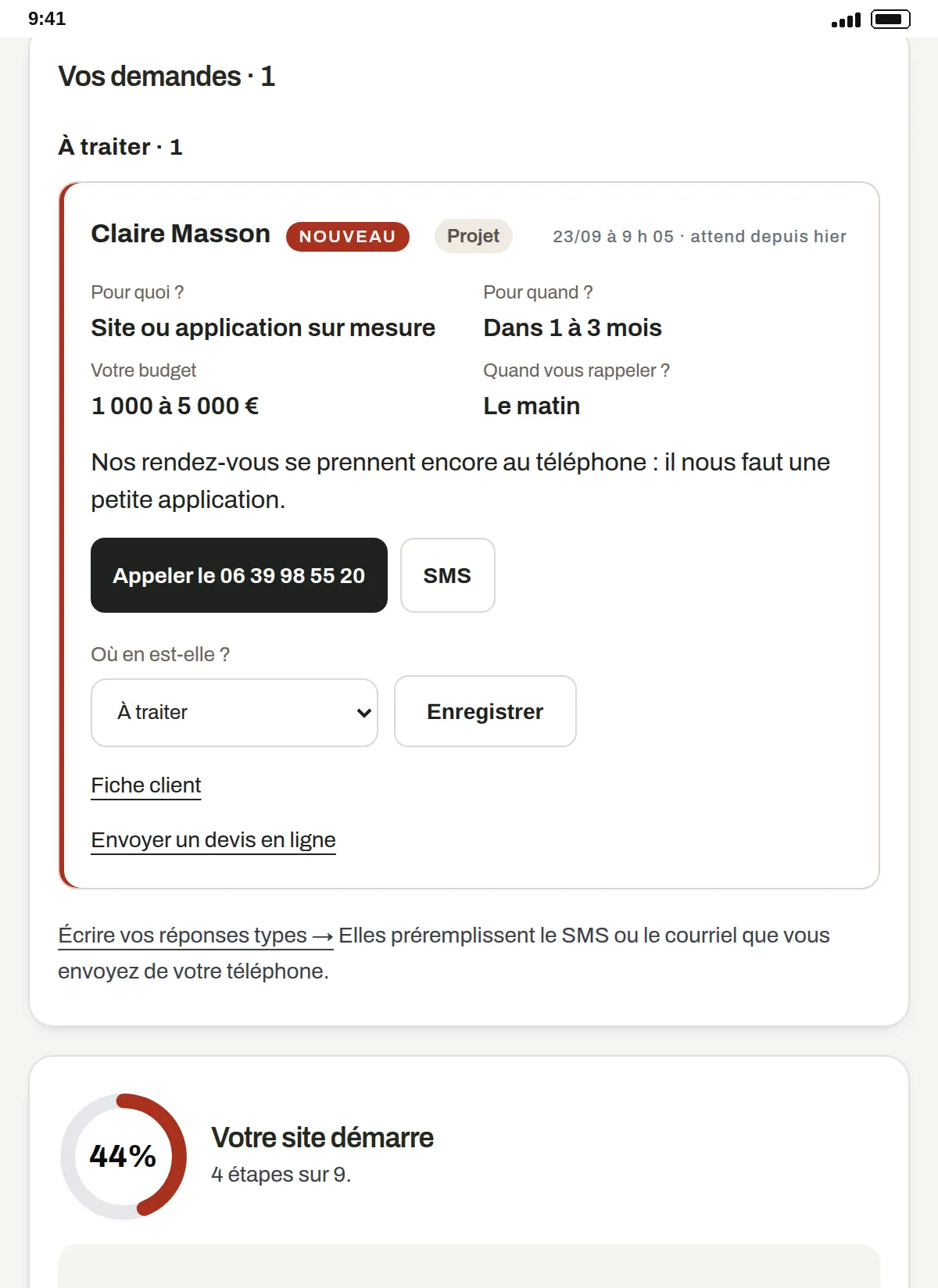 Dans l’espace de Julien Faure : la demande de Claire Masson, avec le besoin, l’échéance, le budget et le moment pour rappeler, et « Appeler » ou « SMS ». Commerce fictif.