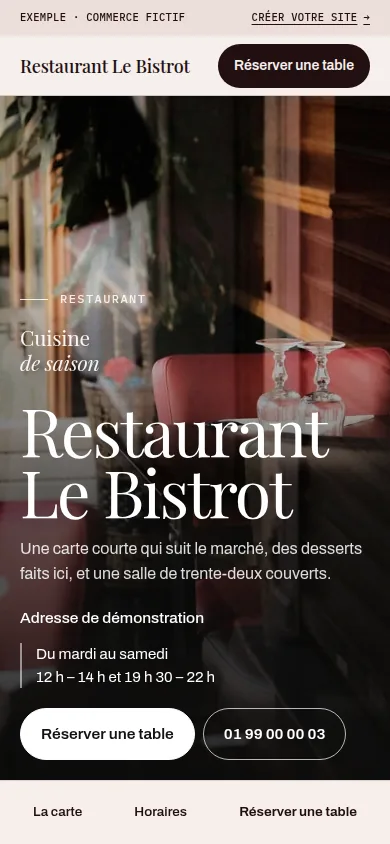Le site du Restaurant Le Bistrot sur un téléphone : le même restaurant fictif